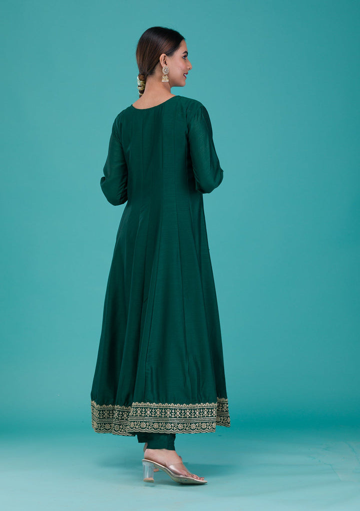 Bottle Green Zariwork Crepe Readymade Salwar Suit-Koskii