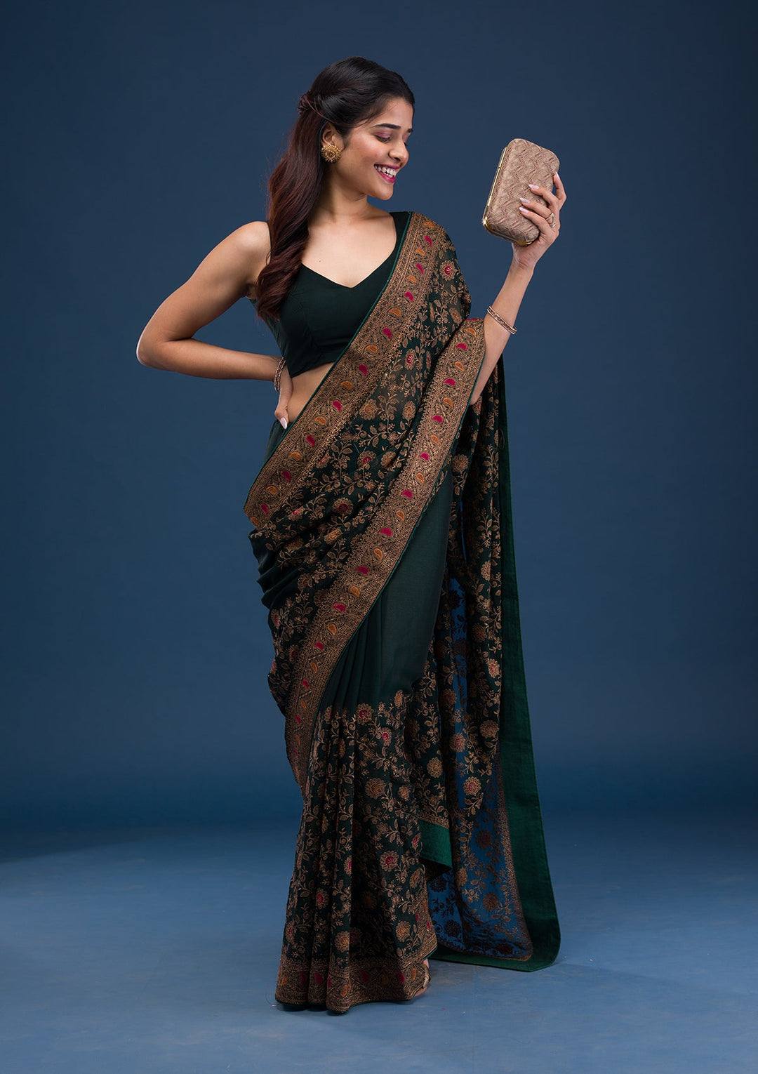 Bottle Green Zariwork Georgette Saree-Koskii