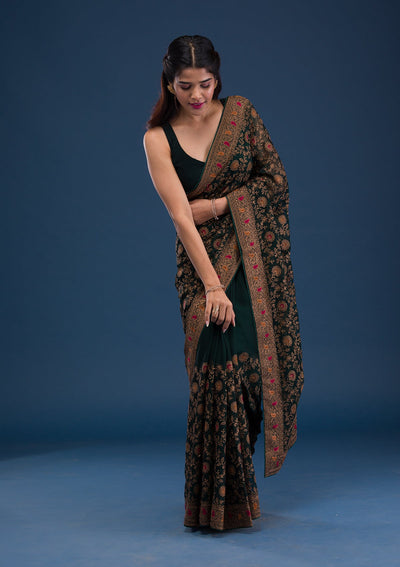 Bottle Green Zariwork Georgette Saree-Koskii