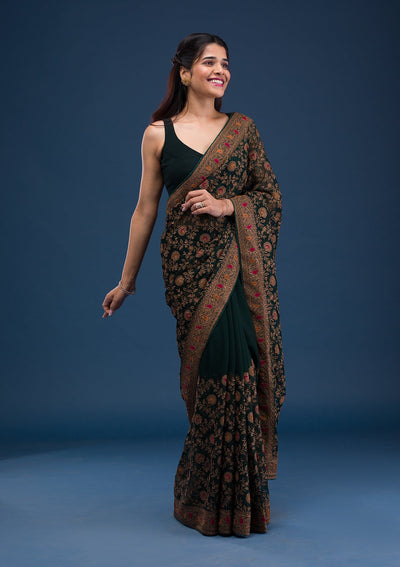 Bottle Green Zariwork Georgette Saree-Koskii