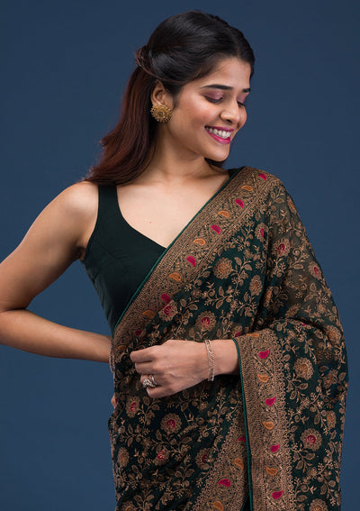 Bottle Green Zariwork Georgette Saree-Koskii