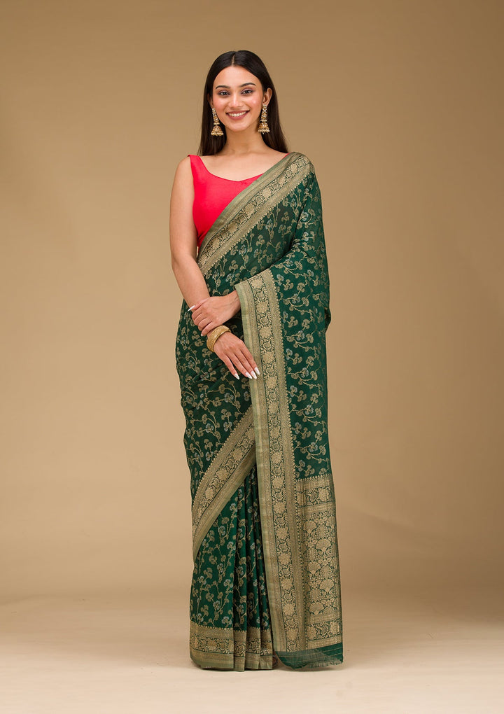 Bottle Green Zariwork Georgette Saree