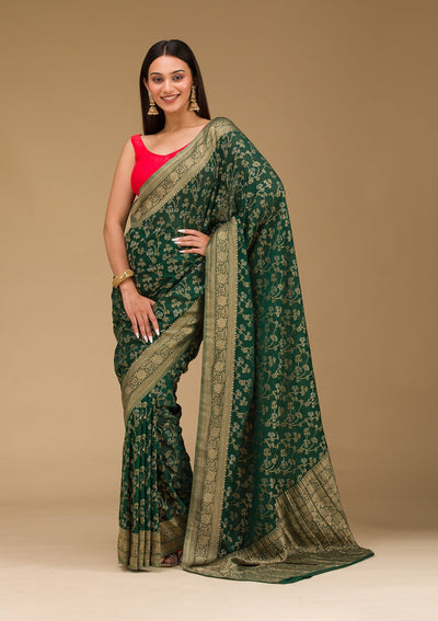 Bottle Green Zariwork Georgette Saree-Koskii