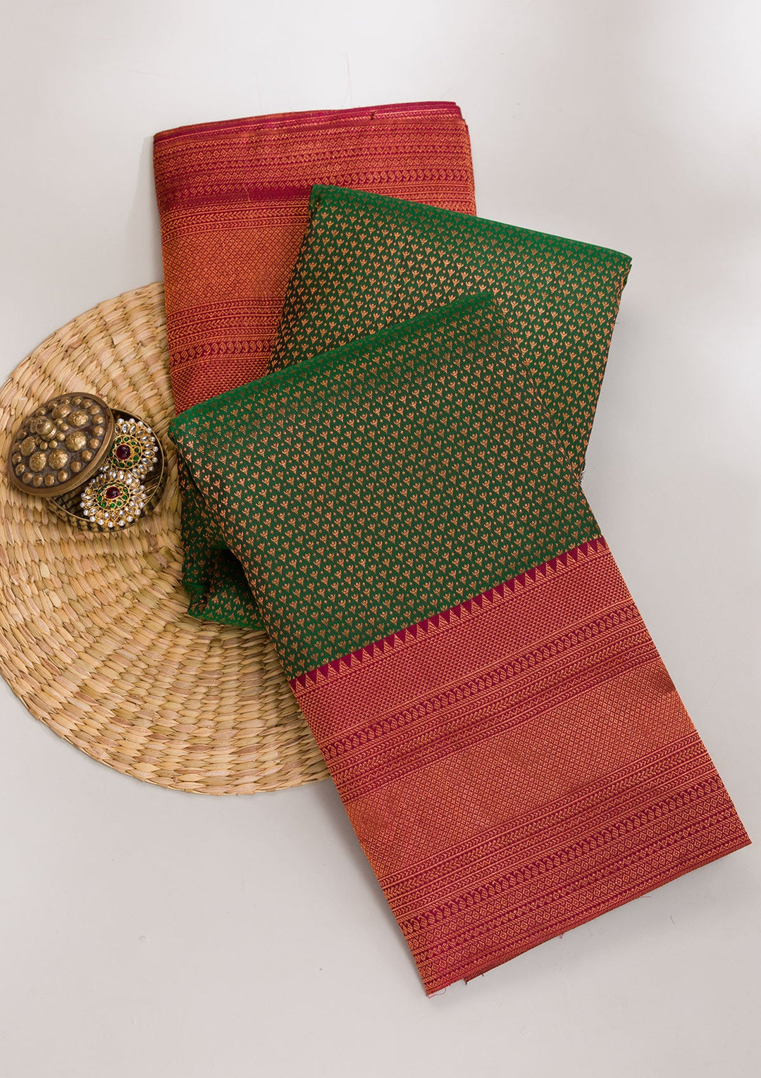 Bottle Green Zariwork Pure Silk Saree-Koskii