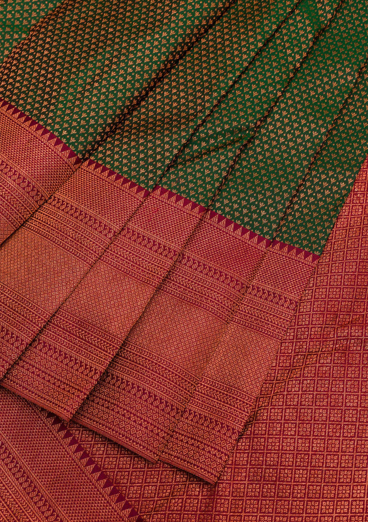 Bottle Green Zariwork Pure Silk Saree-Koskii