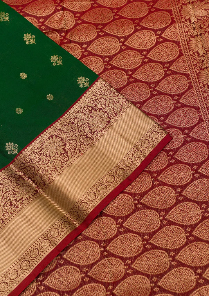 Bottle Green Zariwork Pure Silk Saree-Koskii