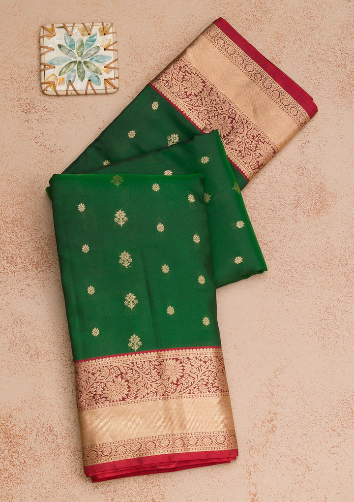 Bottle Green Zariwork Pure Silk Saree-Koskii