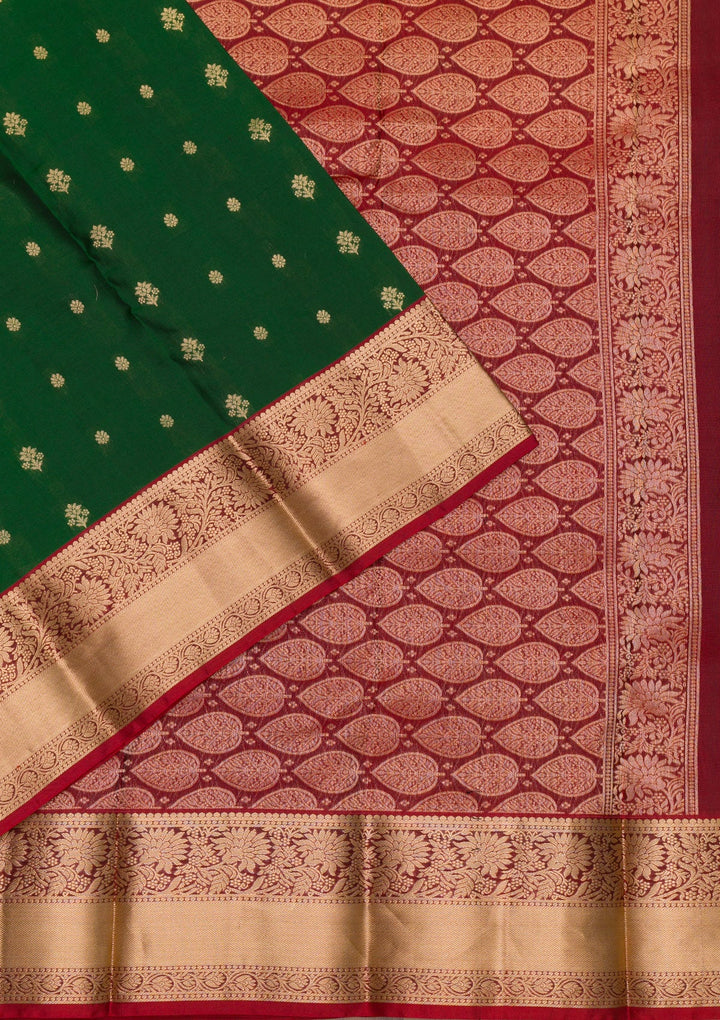 Bottle Green Zariwork Pure Silk Saree-Koskii