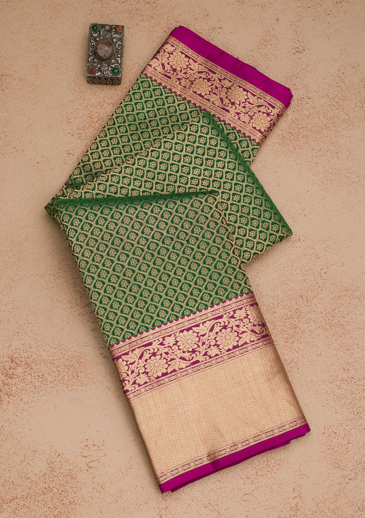 Bottle Green Zariwork Pure Silk Saree-Koskii