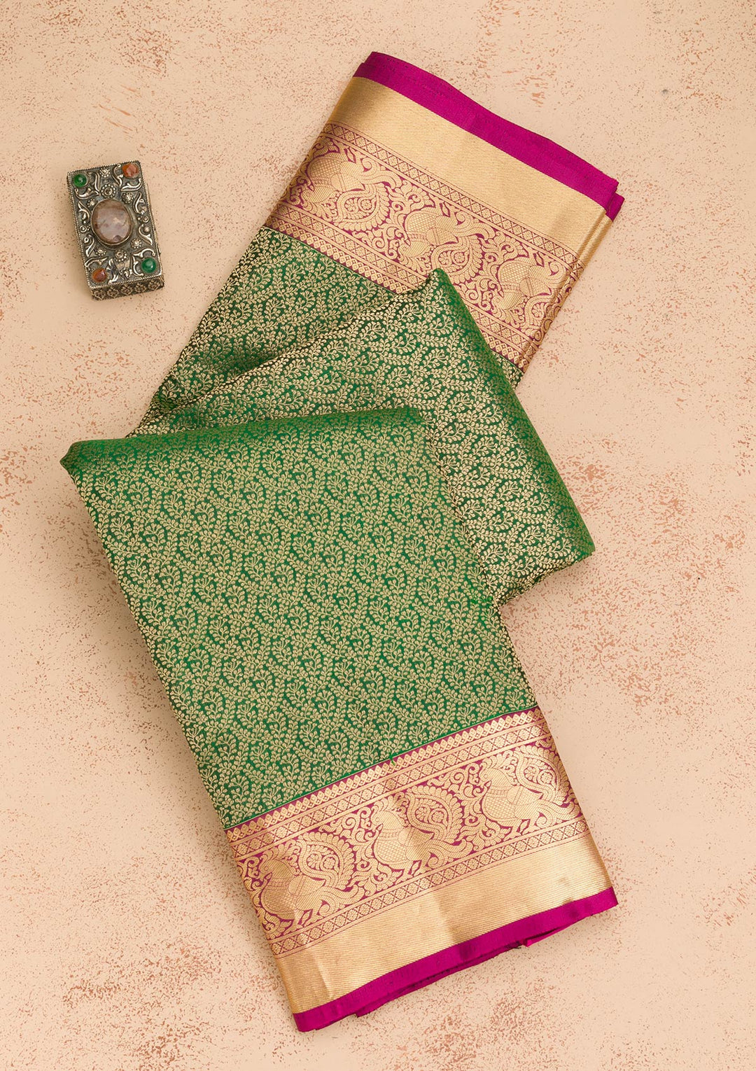 Bottle Green Zariwork Pure Silk Saree-Koskii