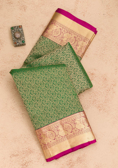 Bottle Green Zariwork Pure Silk Saree-Koskii