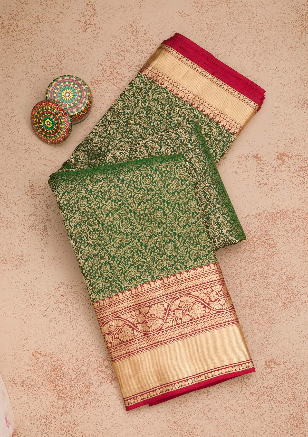 Bottle Green Zariwork Pure Silk Saree-Koskii