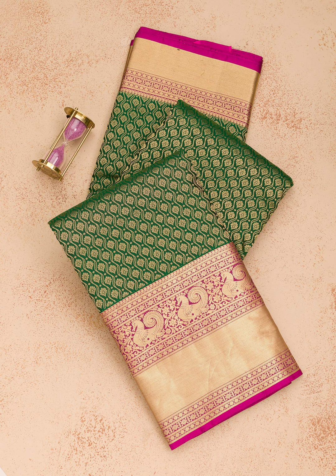 Bottle Green Zariwork Pure Silk Saree-Koskii
