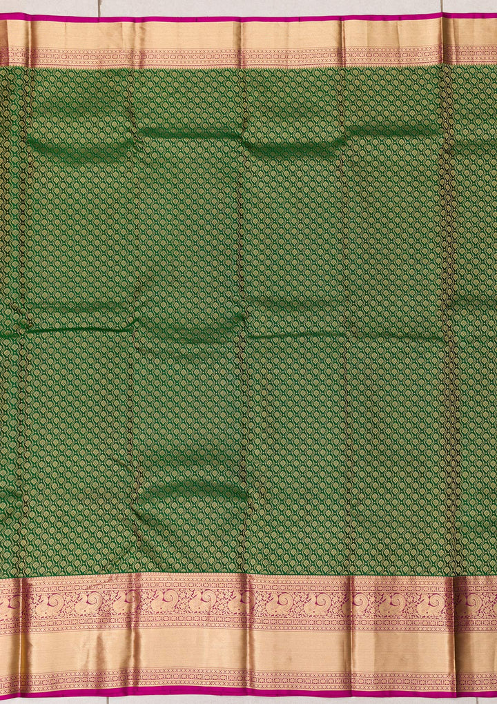 Bottle Green Zariwork Pure Silk Saree-Koskii
