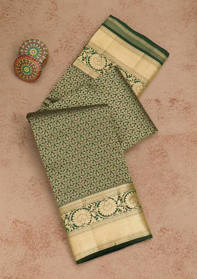 Bottle Green Zariwork Pure Silk Saree-Koskii