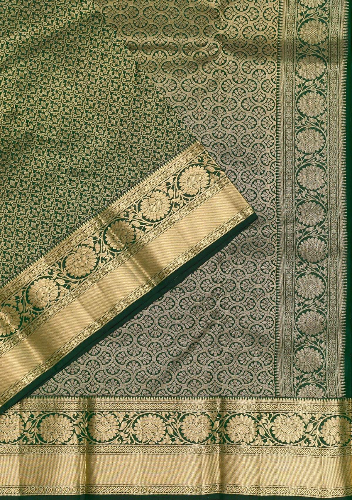 Bottle Green Zariwork Pure Silk Saree-Koskii