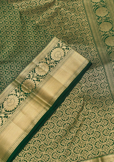 Bottle Green Zariwork Pure Silk Saree-Koskii