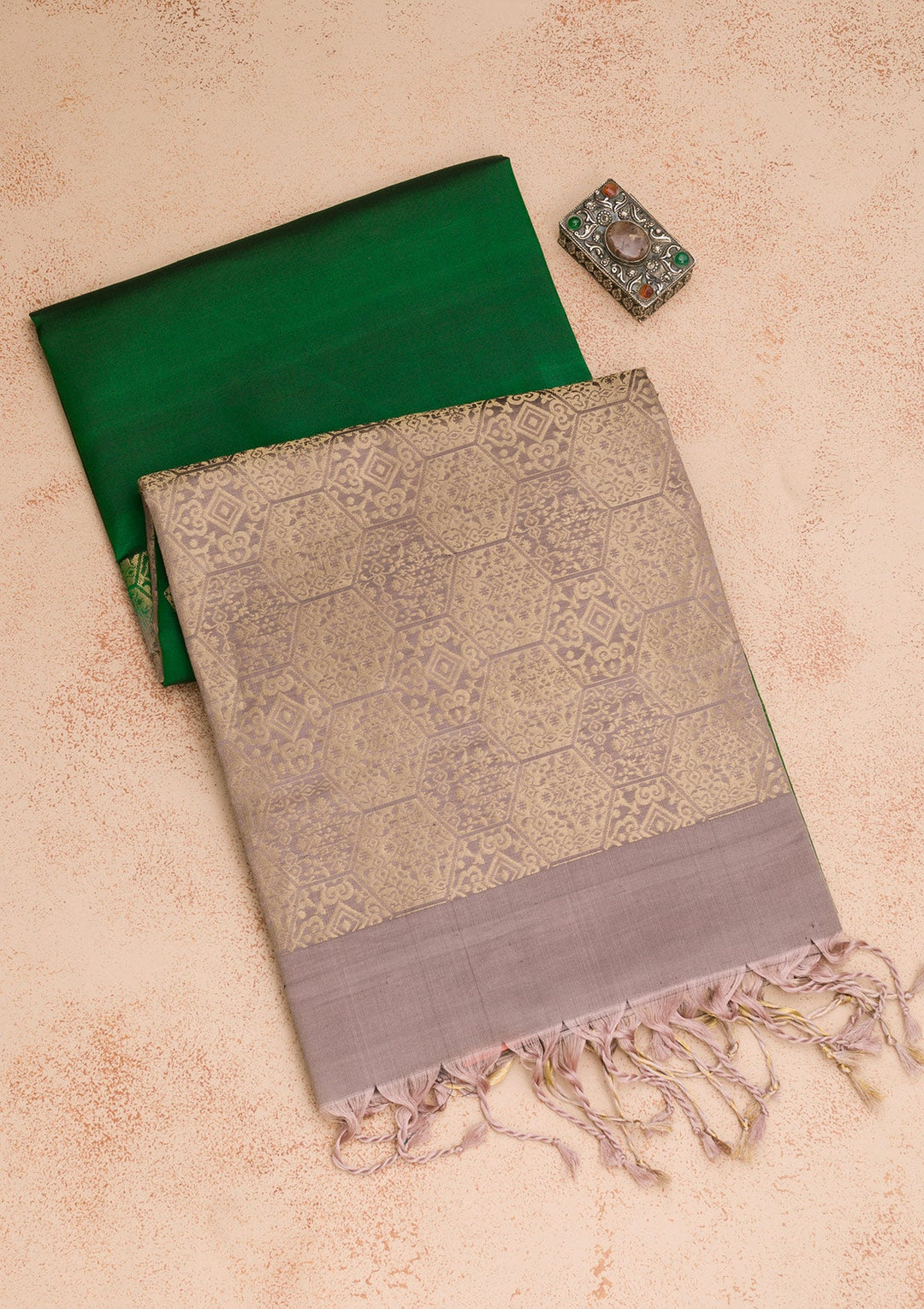 Bottle Green Zariwork Pure Silk Saree-Koskii