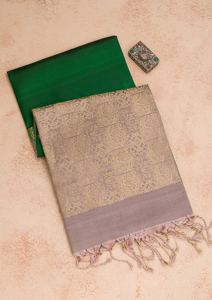 Bottle Green Zariwork Pure Silk Saree-Koskii