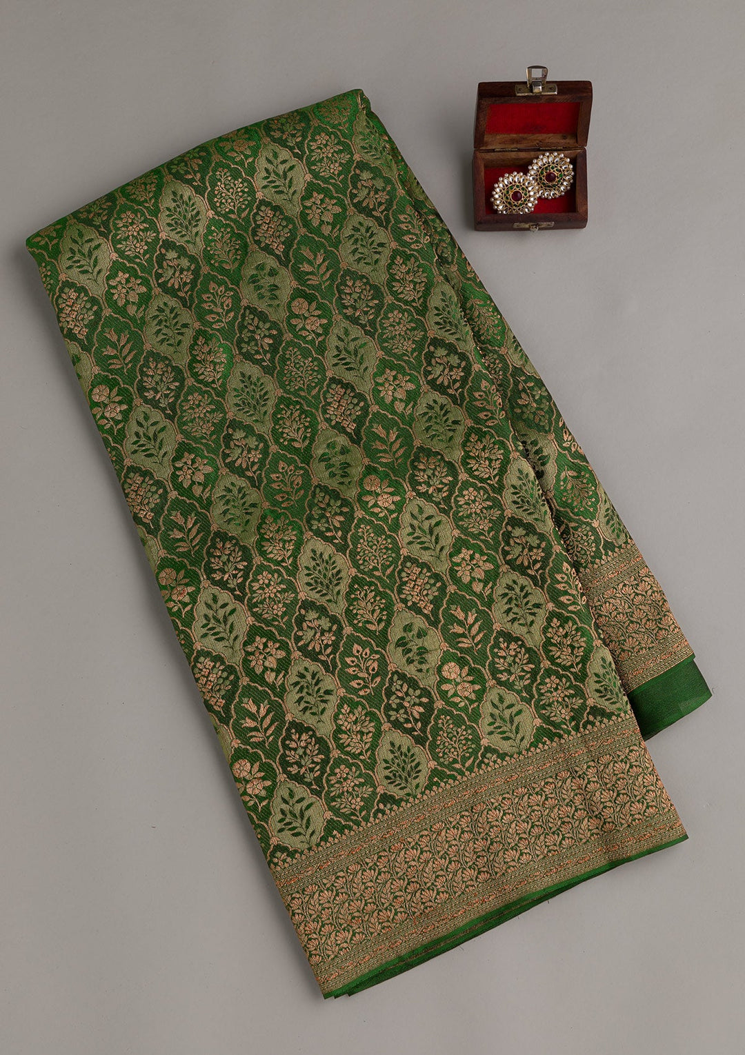 Bottle Green Zariwork Pure Silk Saree-Koskii