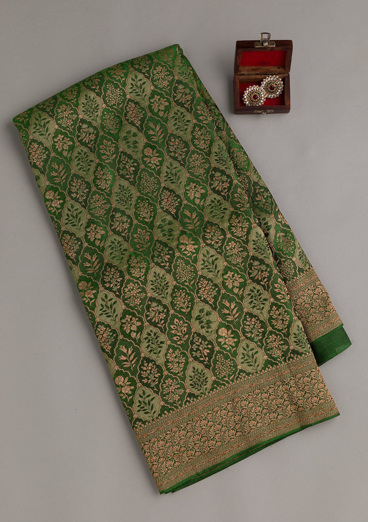 Bottle Green Zariwork Pure Silk Saree-Koskii
