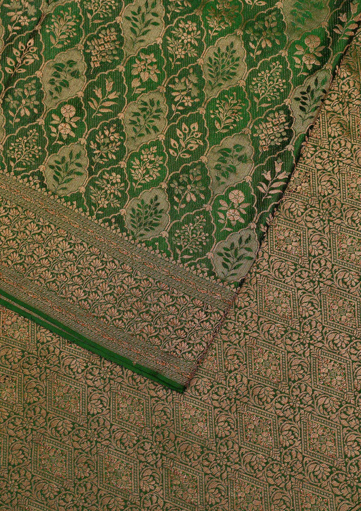 Bottle Green Zariwork Pure Silk Saree-Koskii