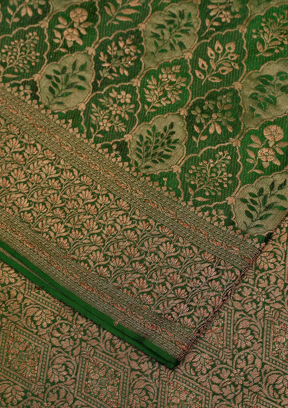Bottle Green Zariwork Pure Silk Saree-Koskii