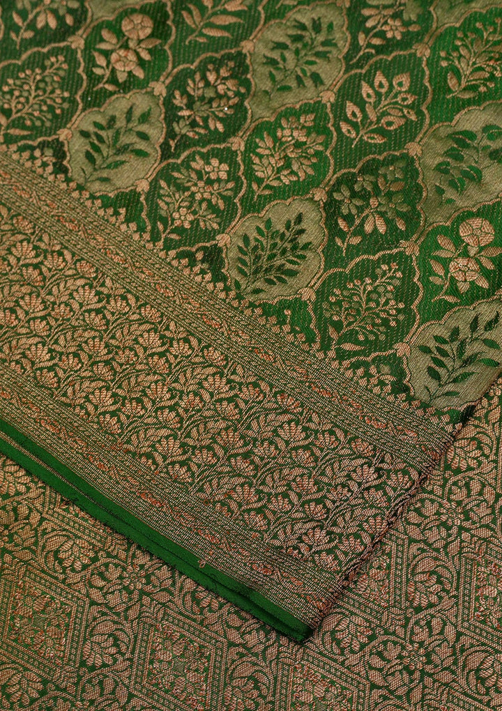 Bottle Green Zariwork Pure Silk Saree-Koskii