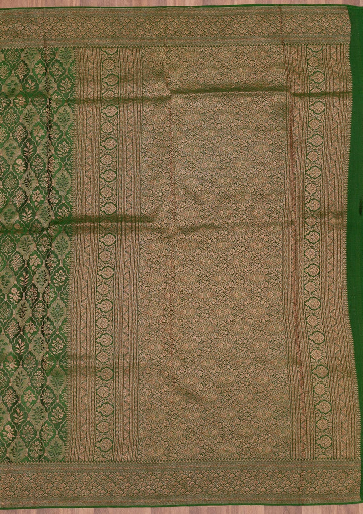Bottle Green Zariwork Pure Silk Saree-Koskii