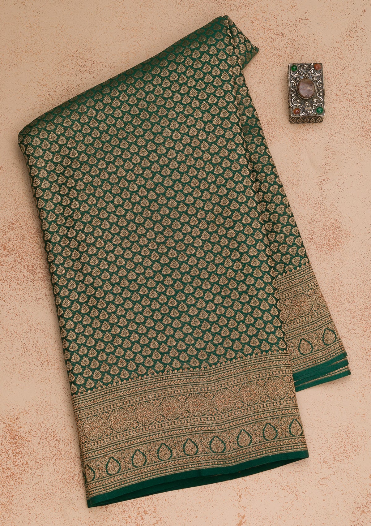 Bottle Green Zariwork Pure Silk Saree-Koskii