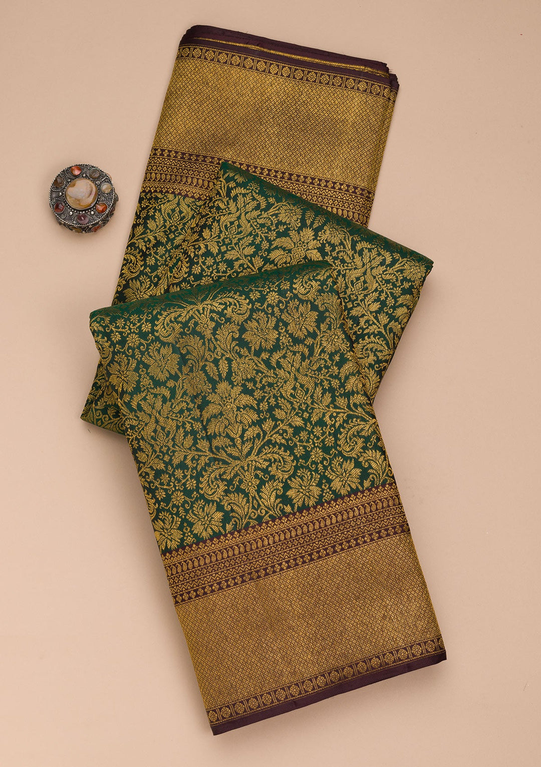 Bottle Green Zariwork Pure Silk Saree-Koskii