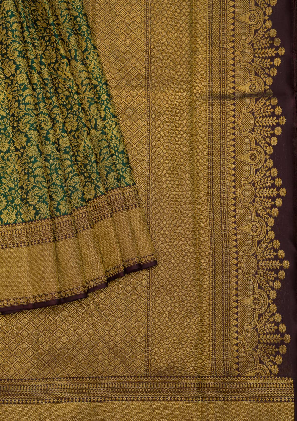 Bottle Green Zariwork Pure Silk Saree-Koskii