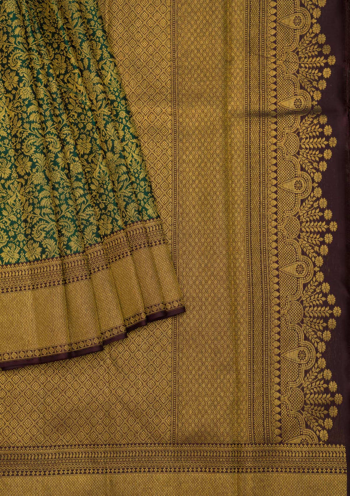 Bottle Green Zariwork Pure Silk Saree-Koskii