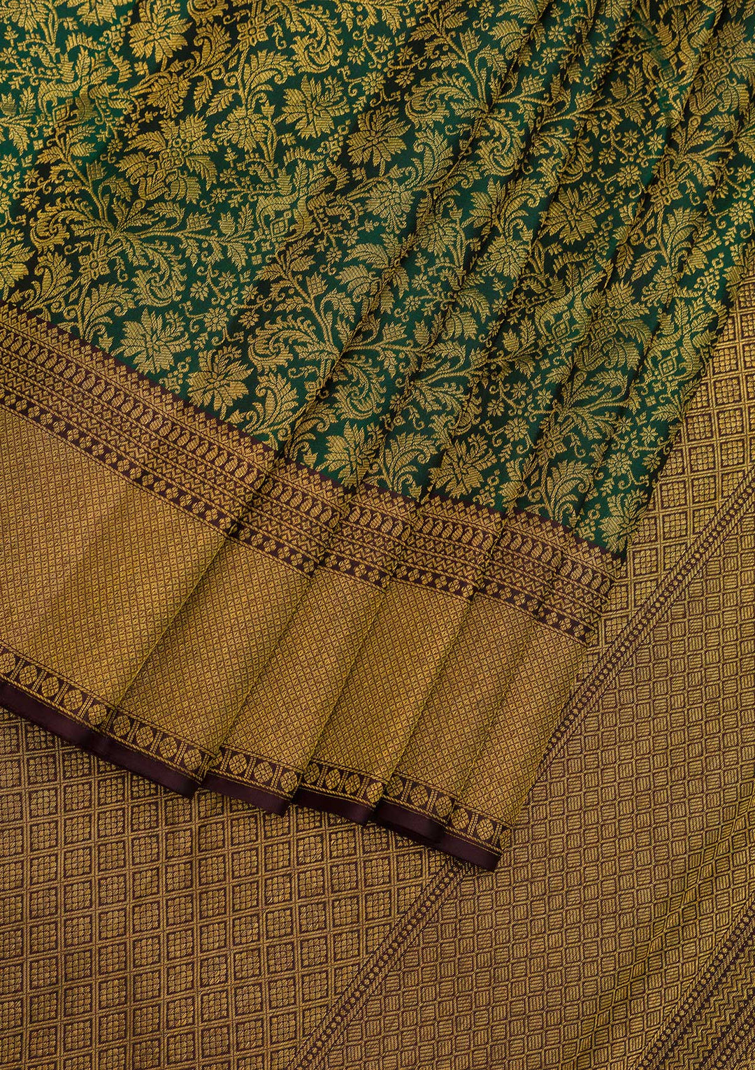 Bottle Green Zariwork Pure Silk Saree-Koskii
