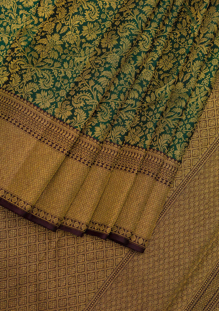 Bottle Green Zariwork Pure Silk Saree-Koskii