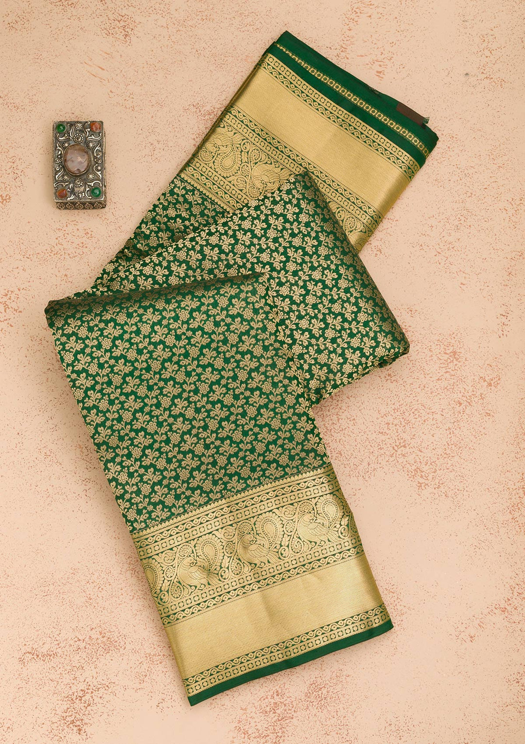 Bottle Green Zariwork Pure Silk Saree-Koskii