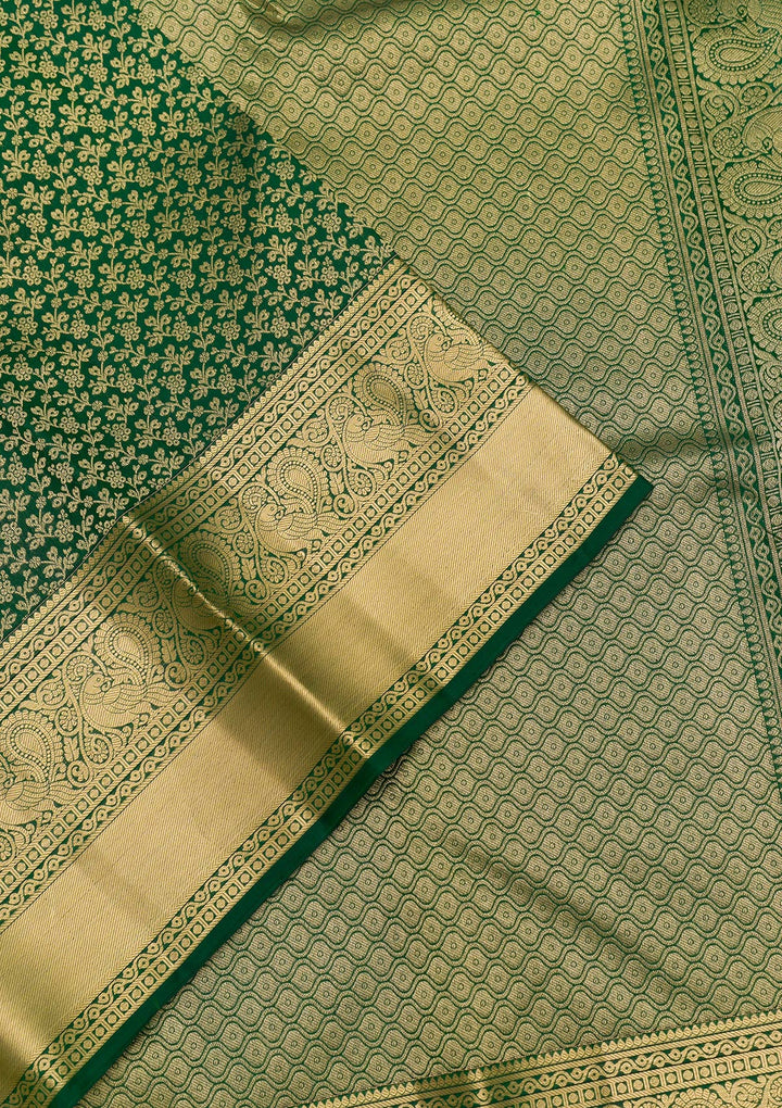 Bottle Green Zariwork Pure Silk Saree-Koskii