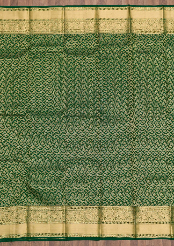 Bottle Green Zariwork Pure Silk Saree-Koskii