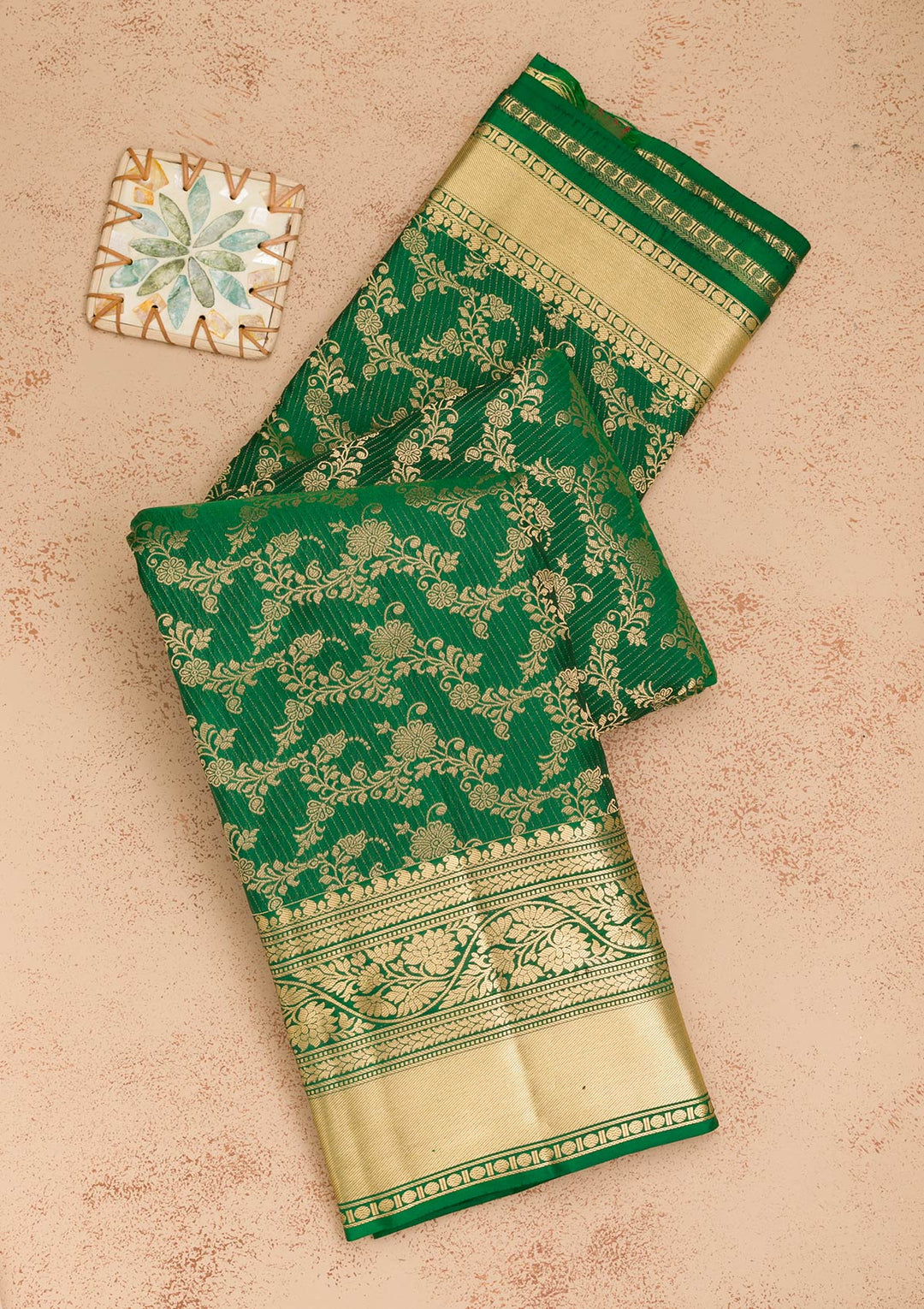 Bottle Green Zariwork Pure Silk Saree-Koskii