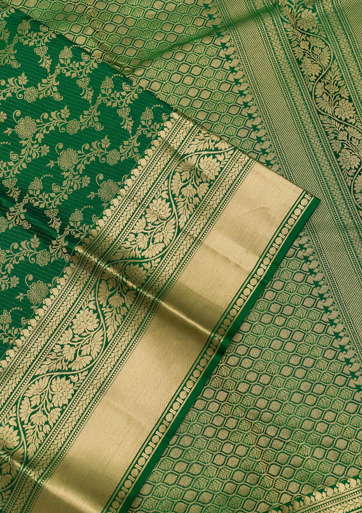 Bottle Green Zariwork Pure Silk Saree-Koskii