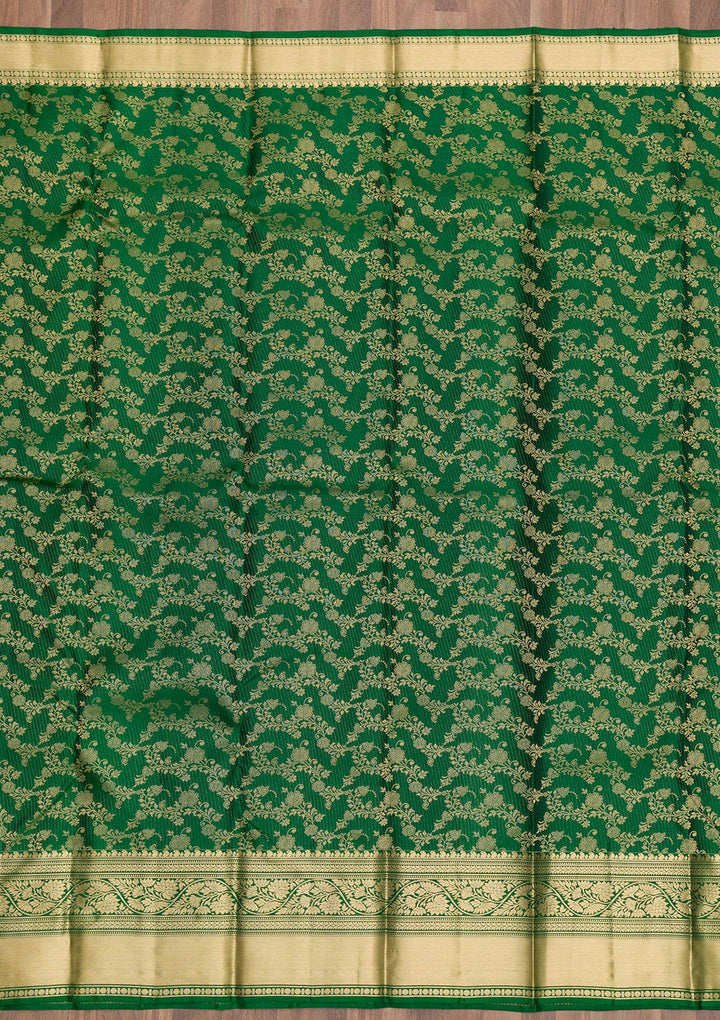 Bottle Green Zariwork Pure Silk Saree-Koskii