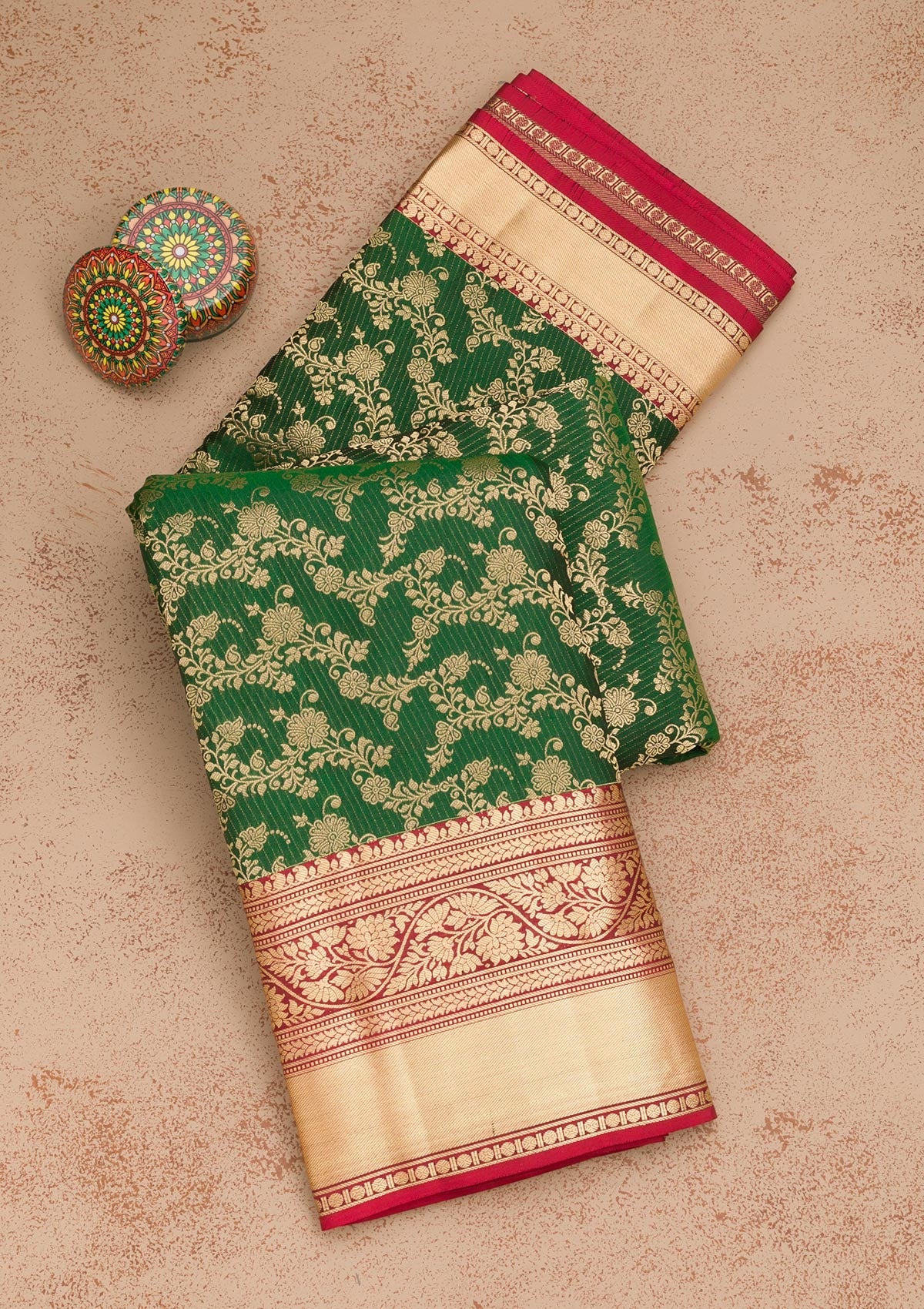 Bottle Green Zariwork Pure Silk Saree-Koskii