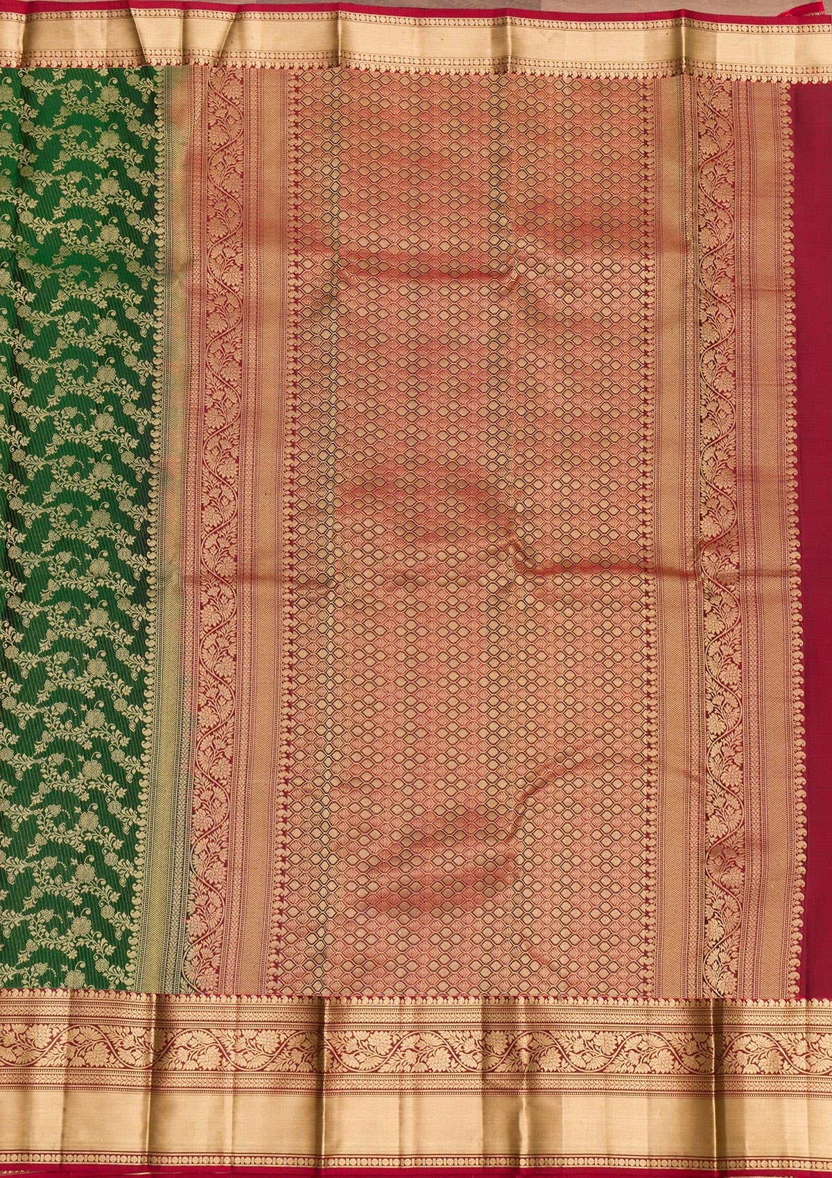 Bottle Green Zariwork Pure Silk Saree-Koskii