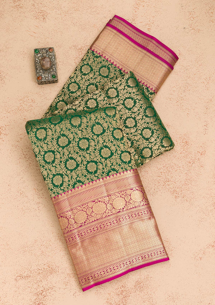 Bottle Green Zariwork Pure Silk Saree-Koskii