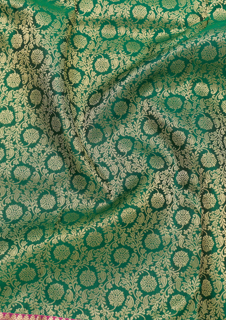 Bottle Green Zariwork Pure Silk Saree-Koskii