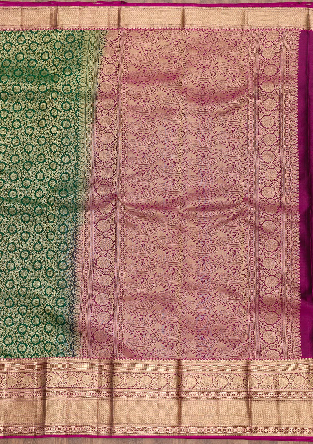 Bottle Green Zariwork Pure Silk Saree-Koskii