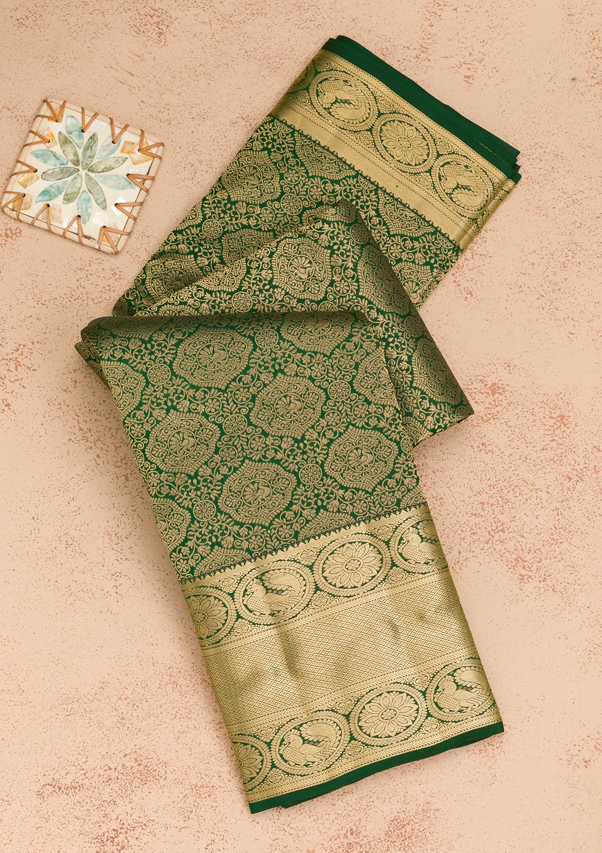 Bottle Green Zariwork Pure Silk Saree-Koskii