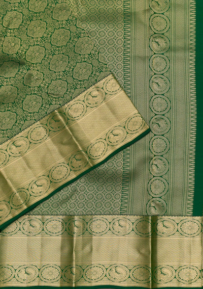 Bottle Green Zariwork Pure Silk Saree-Koskii