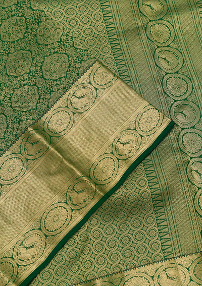 Bottle Green Zariwork Pure Silk Saree-Koskii