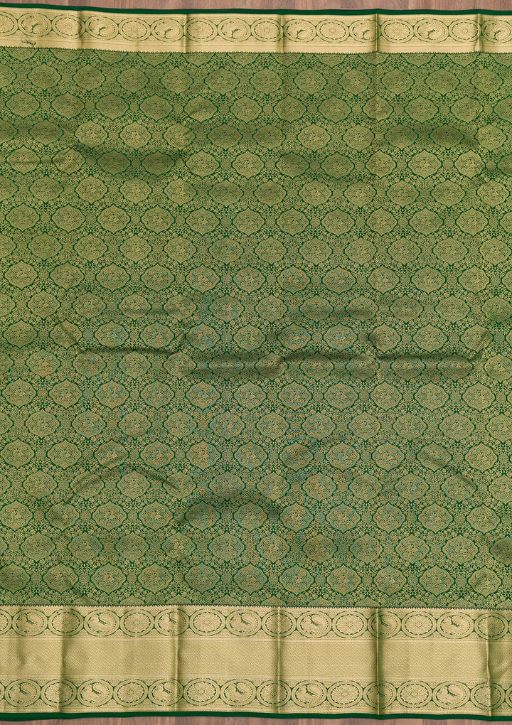 Bottle Green Zariwork Pure Silk Saree-Koskii